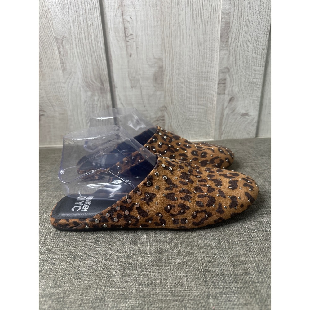 Madden NYC Womens Size 8.5 Leopard Print Faux Suede Studded Slide On Mules Brown - Picture 2 of 8